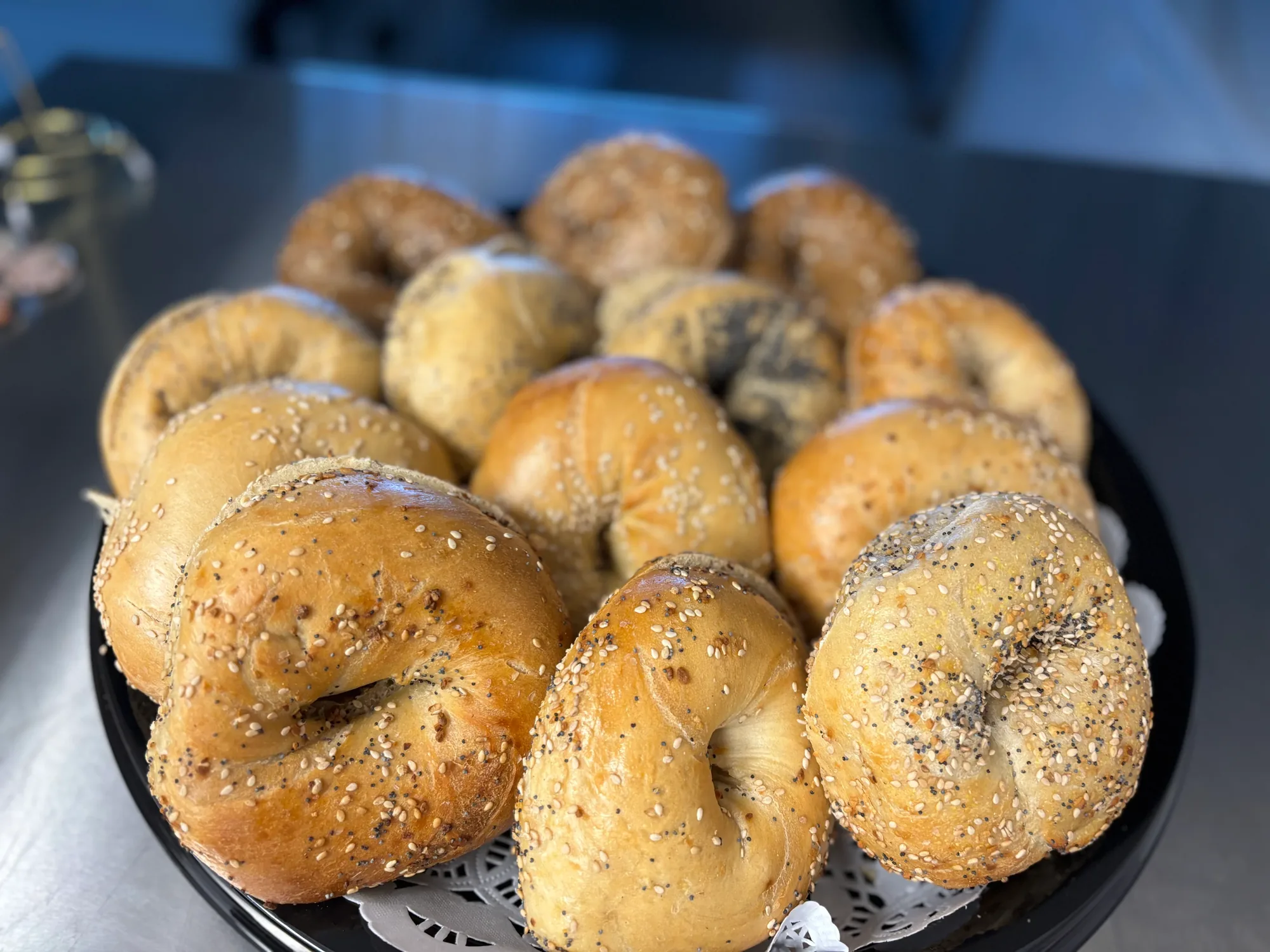 A catering platter of assorted bagels